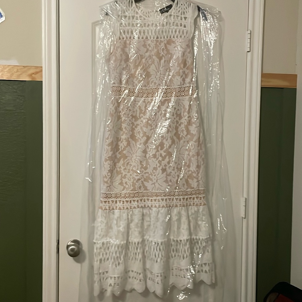 Lulus White & Nude Midi Lace Dress